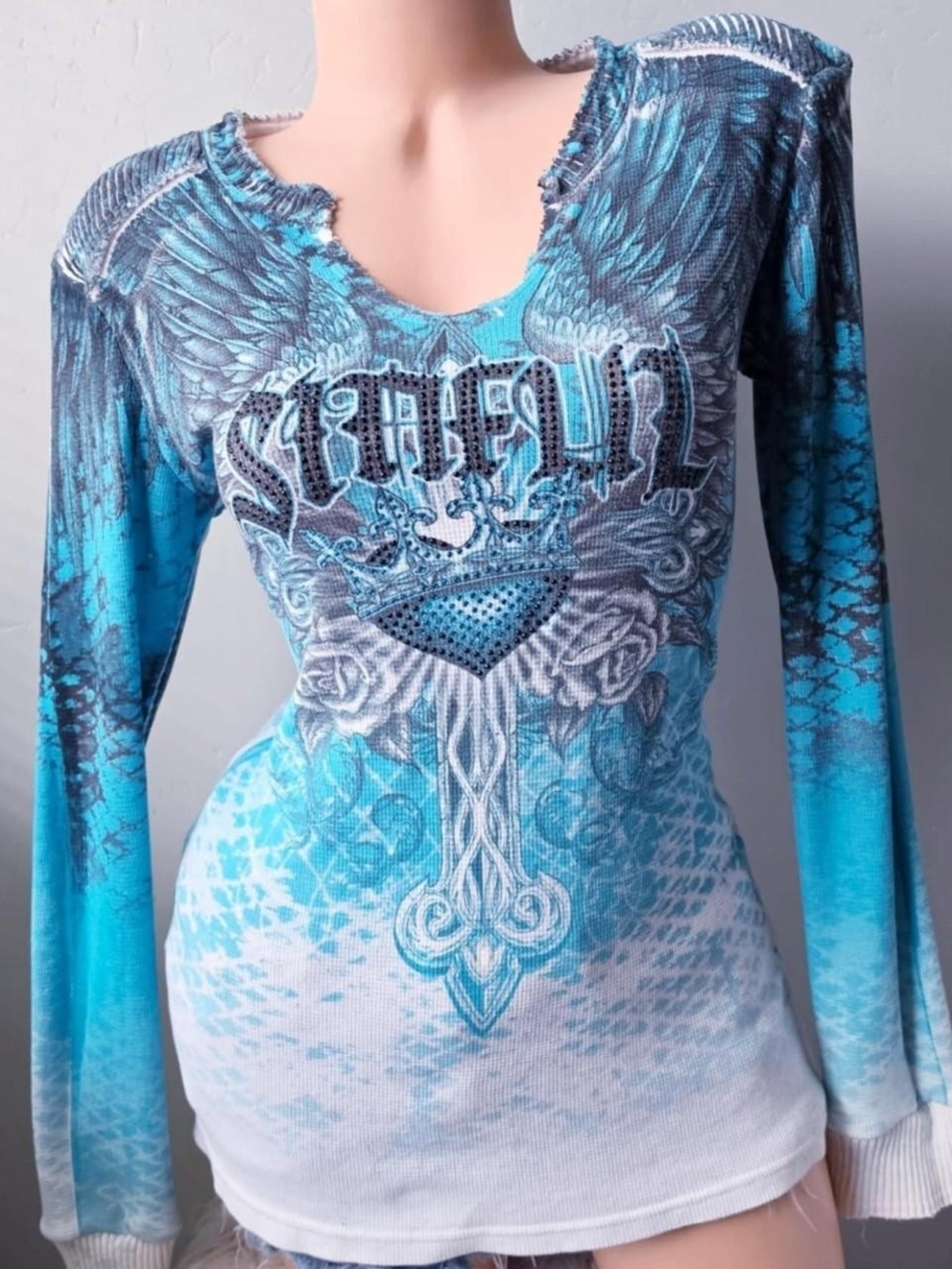 2000s y2k Sinful by Affliction bedazzled angel wings long sleeve shirt